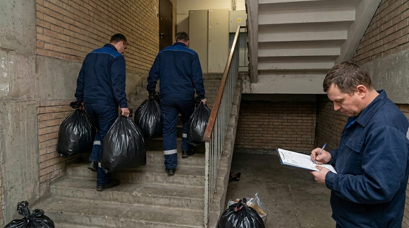 Unseriöse Entrümpelungsfirma erkennen.Entrümpelungsfirma transportiert Säcke durch ein Treppenhaus, während ein Mitarbeiter die Arbeiten dokumentiert