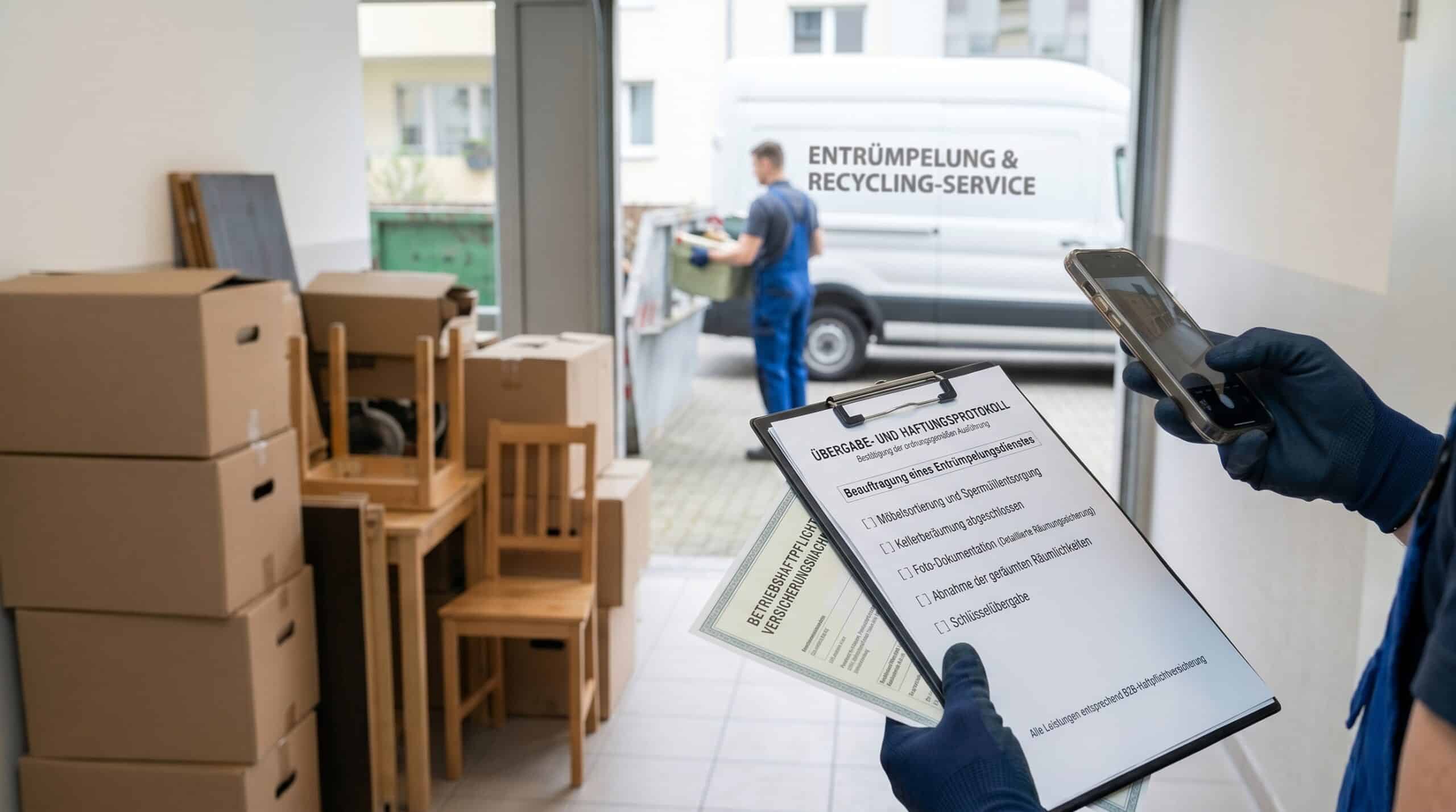 Entrümpelung beauftragen: dokumentierte Vor-Ort-Szene mit Sperrgut, Checkliste und abgesichertem Arbeitsbereich an einem Mehrfamilienhaus