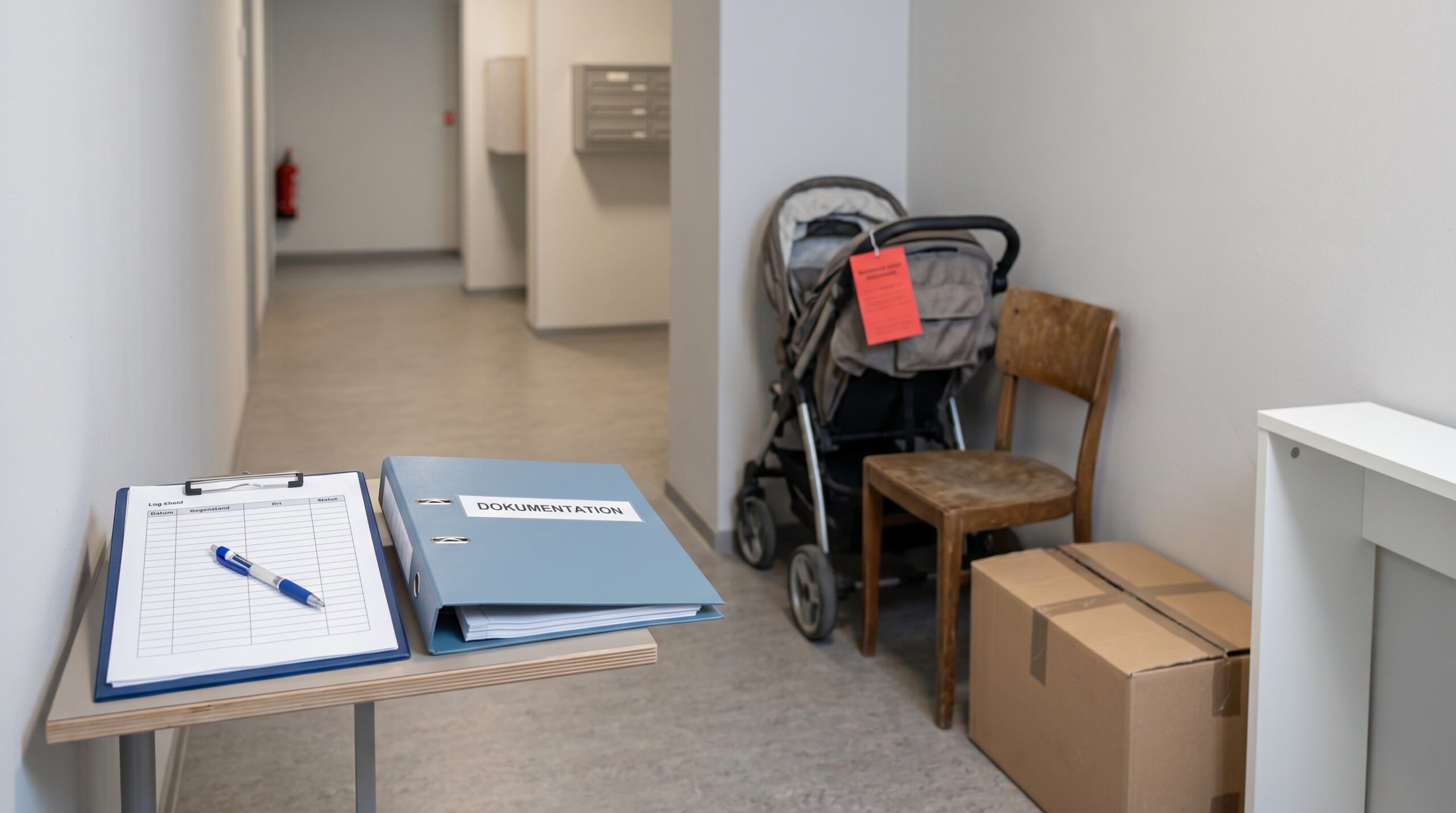 Gegenstände im Gemeinschaftsbereich entsorgen mit roter Markierung, abgestellten Sachen im Hausflur und Protokoll der Hausverwaltung