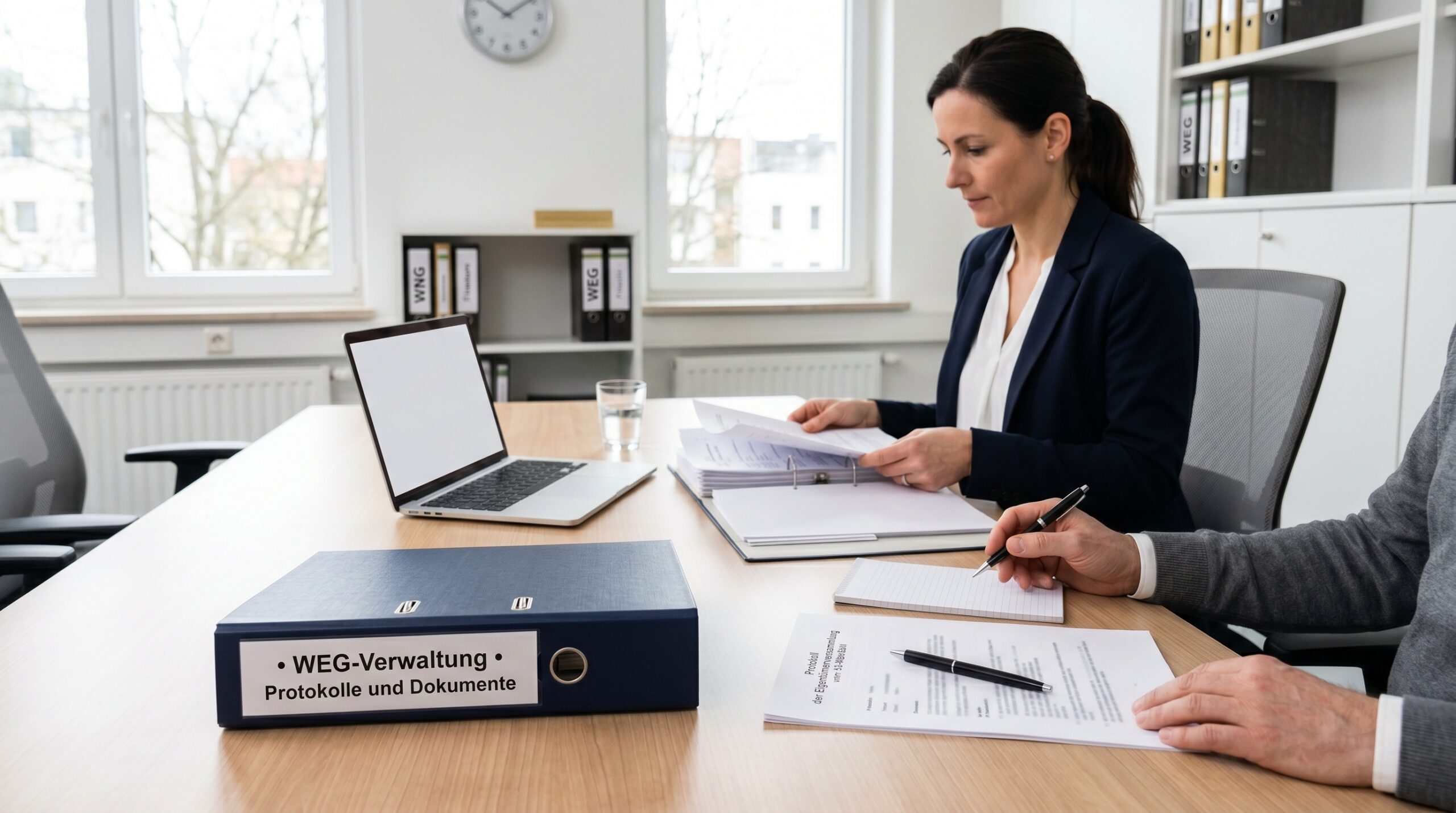 Hausverwaltung wechseln.Eigentümer prüfen Unterlagen.