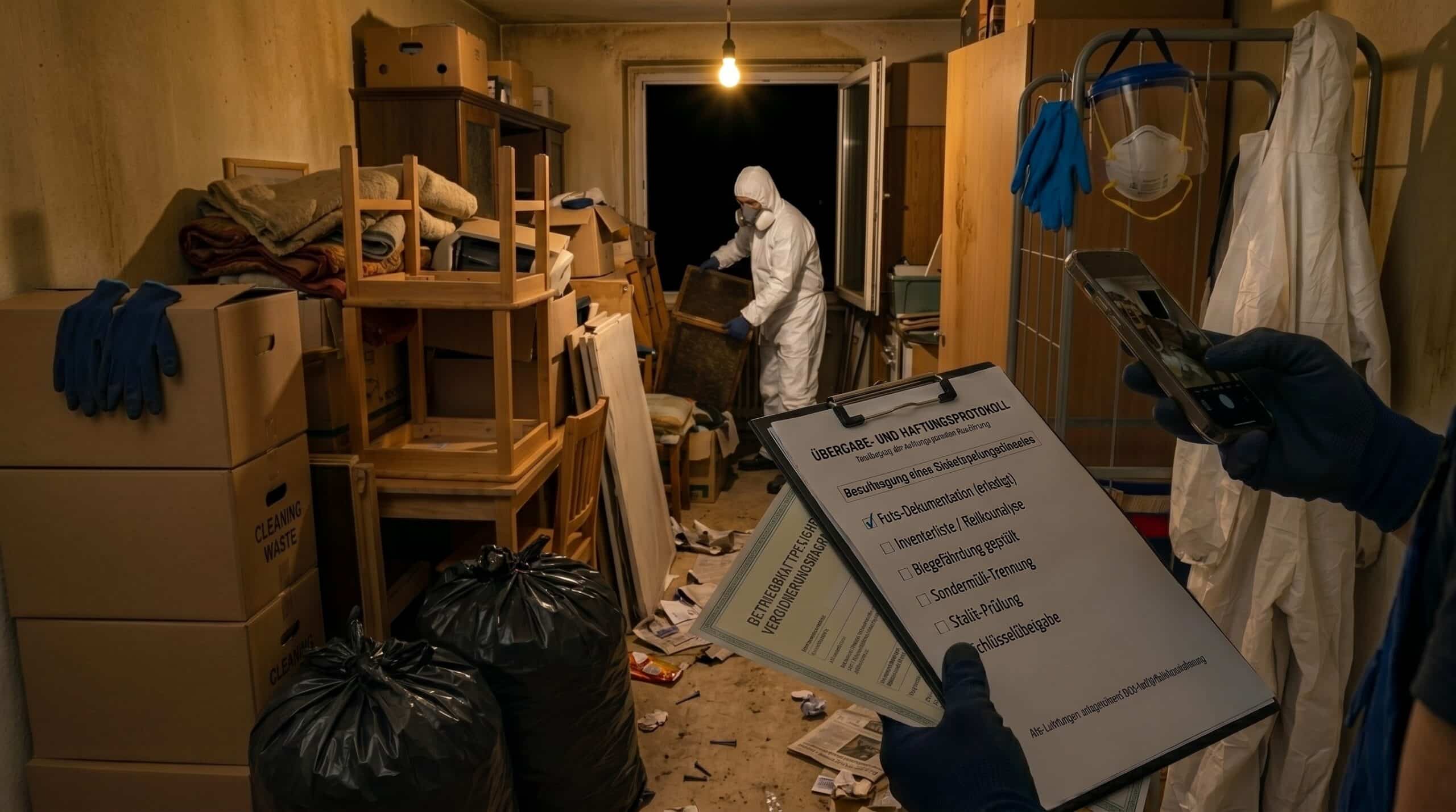Messie-Wohnung entrümpeln: professionelle Vor-Ort-Szene mit Schutzkleidung, Dokumentation und überfüllter Problemwohnung