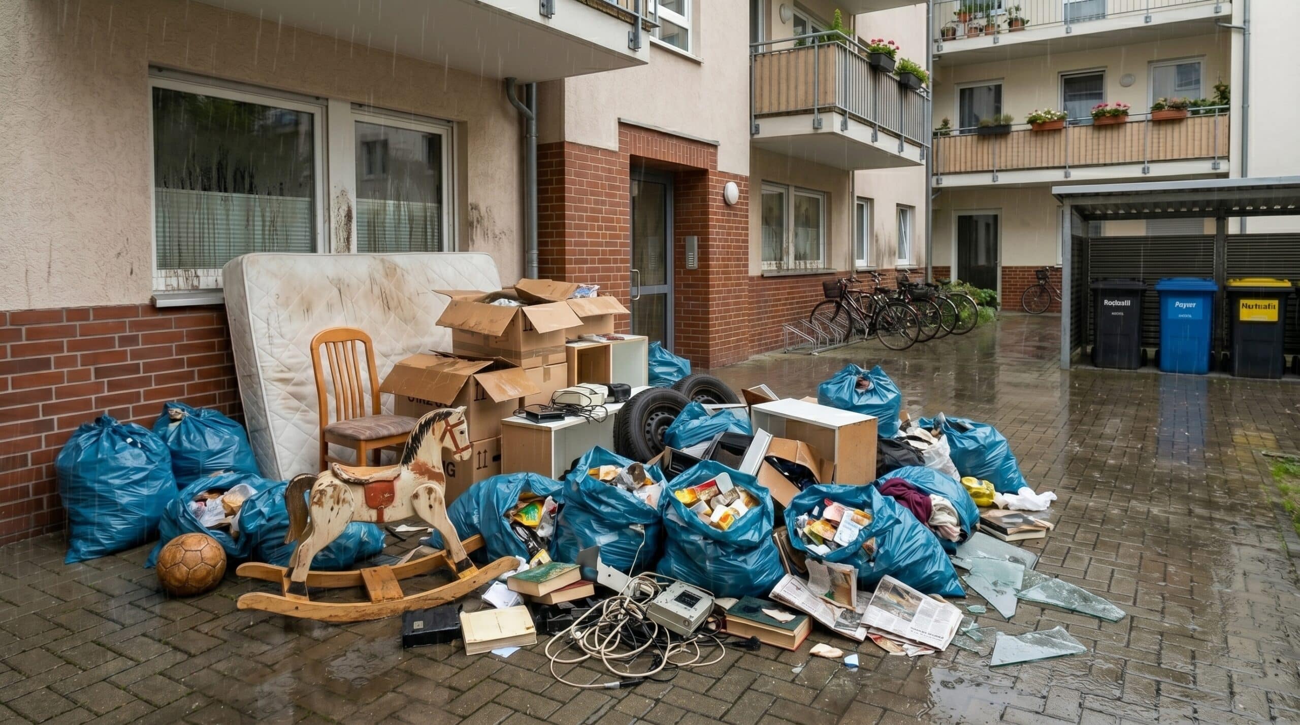 Mieter lässt Sperrmüll stehen: abgestellte Gegenstände in einem Wohnobjekt mit Fotodokumentation und Checkliste