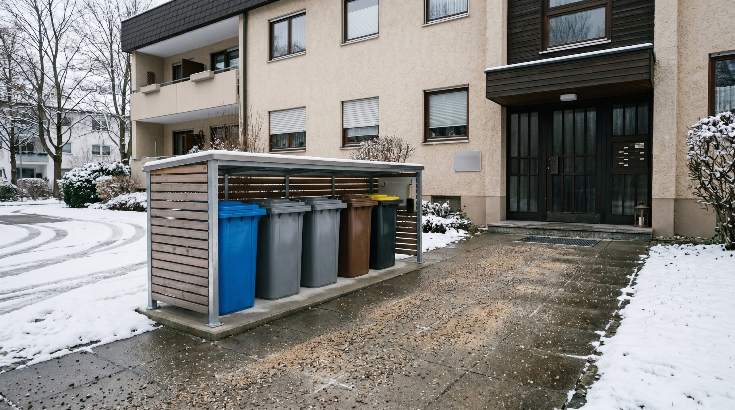 Mülltonnen München Hausverwaltung mit ordentlichem Standplatz und kurzem Weg zur Straße
