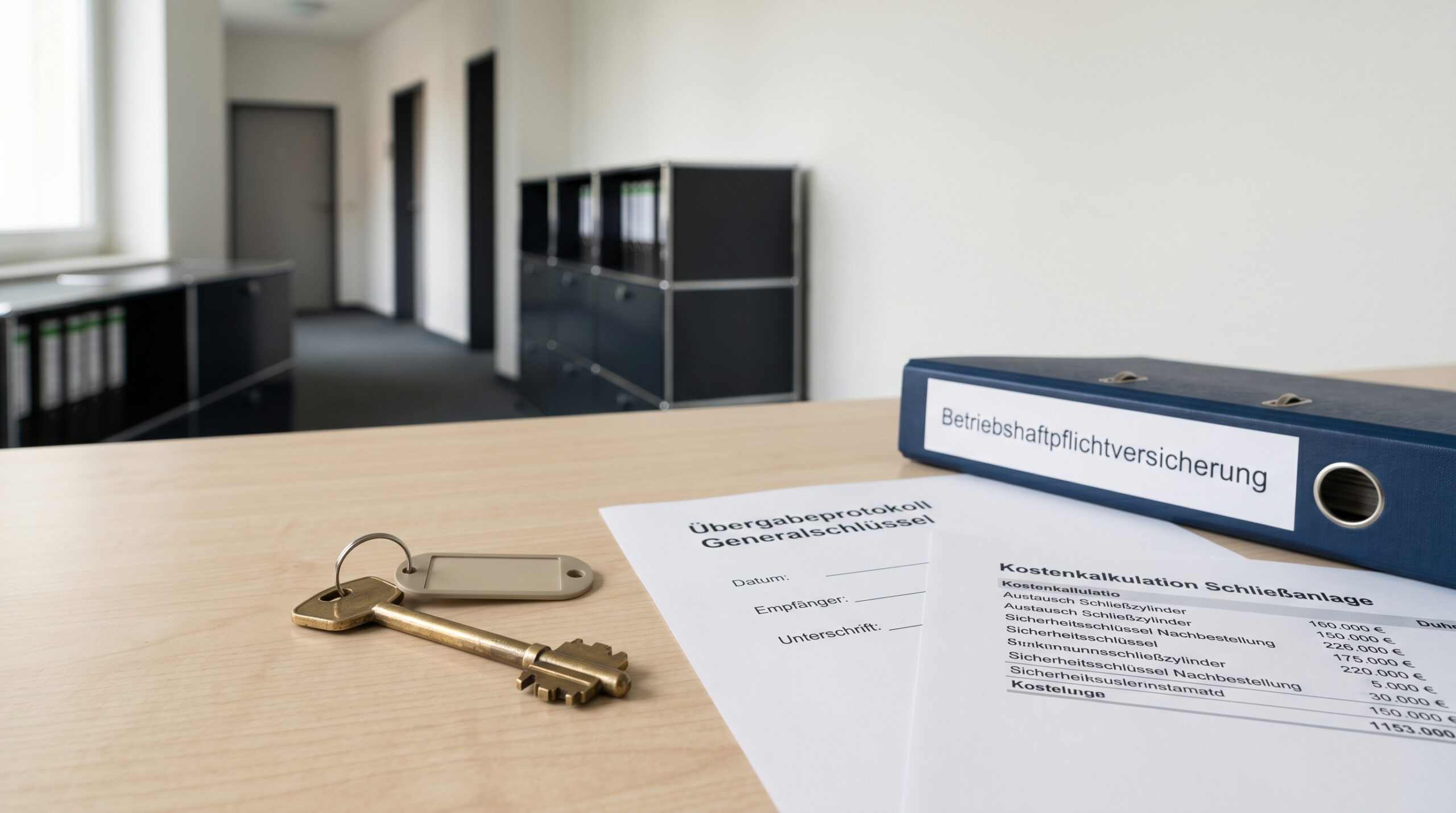Schlüsselverlust Haftung bei Dienstleister mit Generalschlüssel, Übergabeprotokoll und Unterlagen zur Schließanlage auf einem Schreibtisch