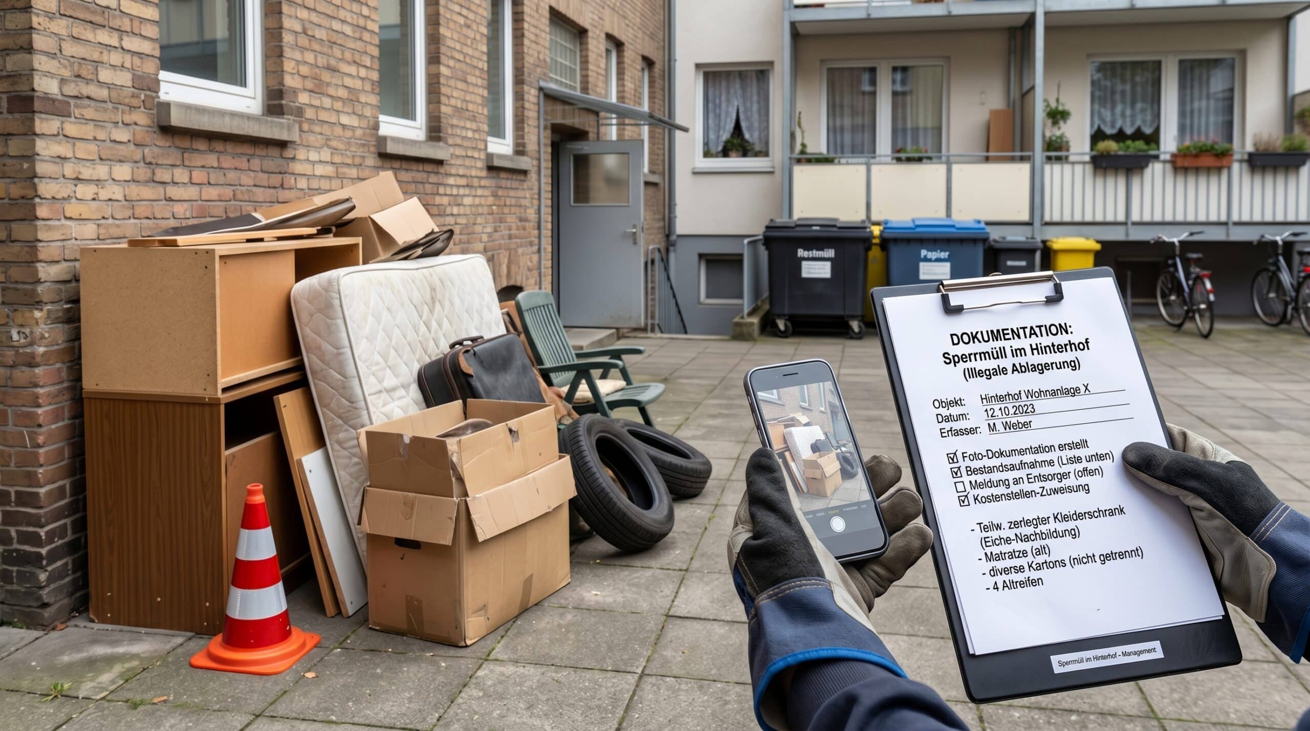 Sperrmüll im Hof an einem Mehrfamilienhaus mit Fotodokumentation, Checkliste und typischer Objektumgebung
