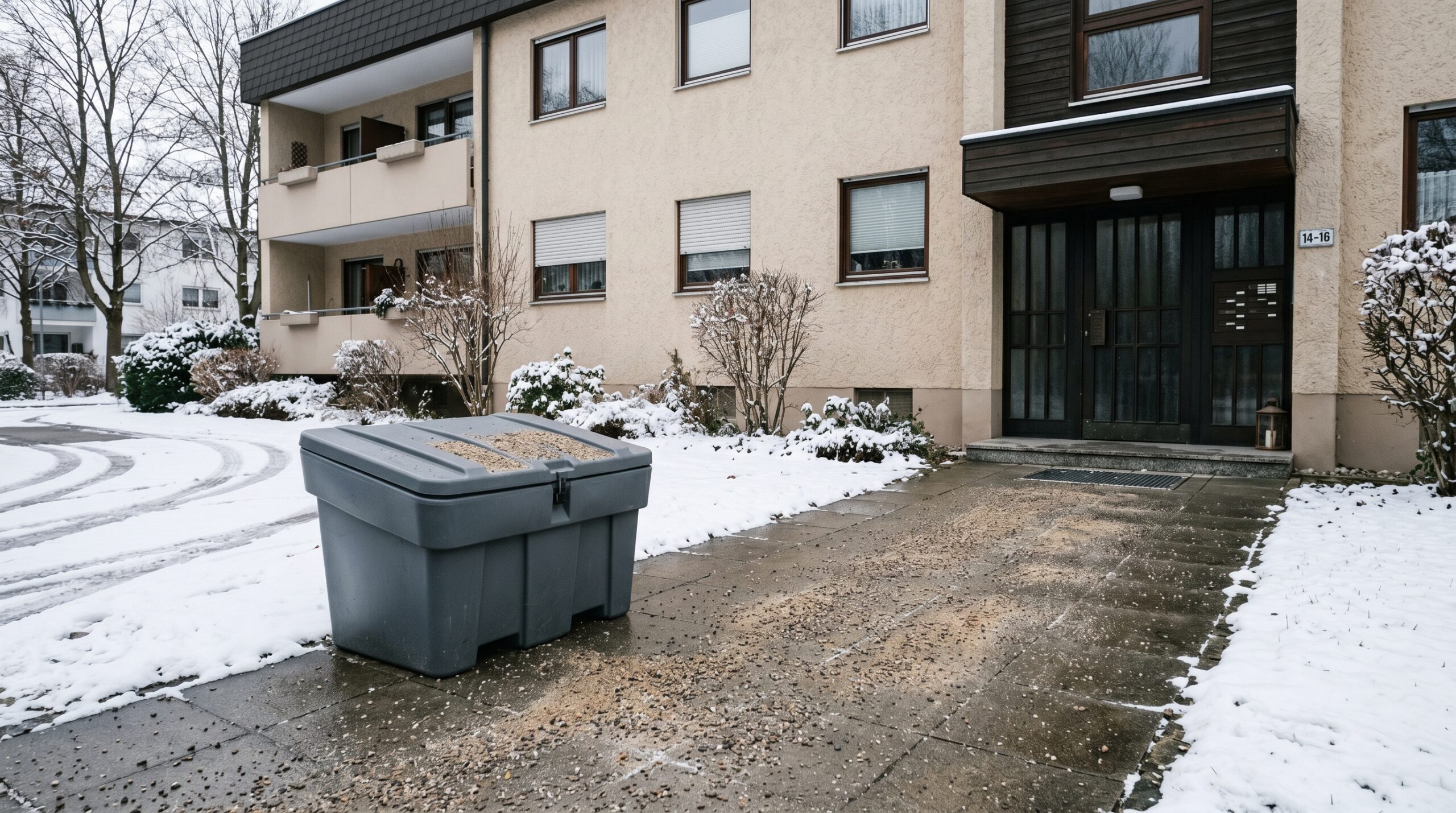 Streusalz München vermeiden und Splitt am Hauseingang einer Wohnanlage nutzen