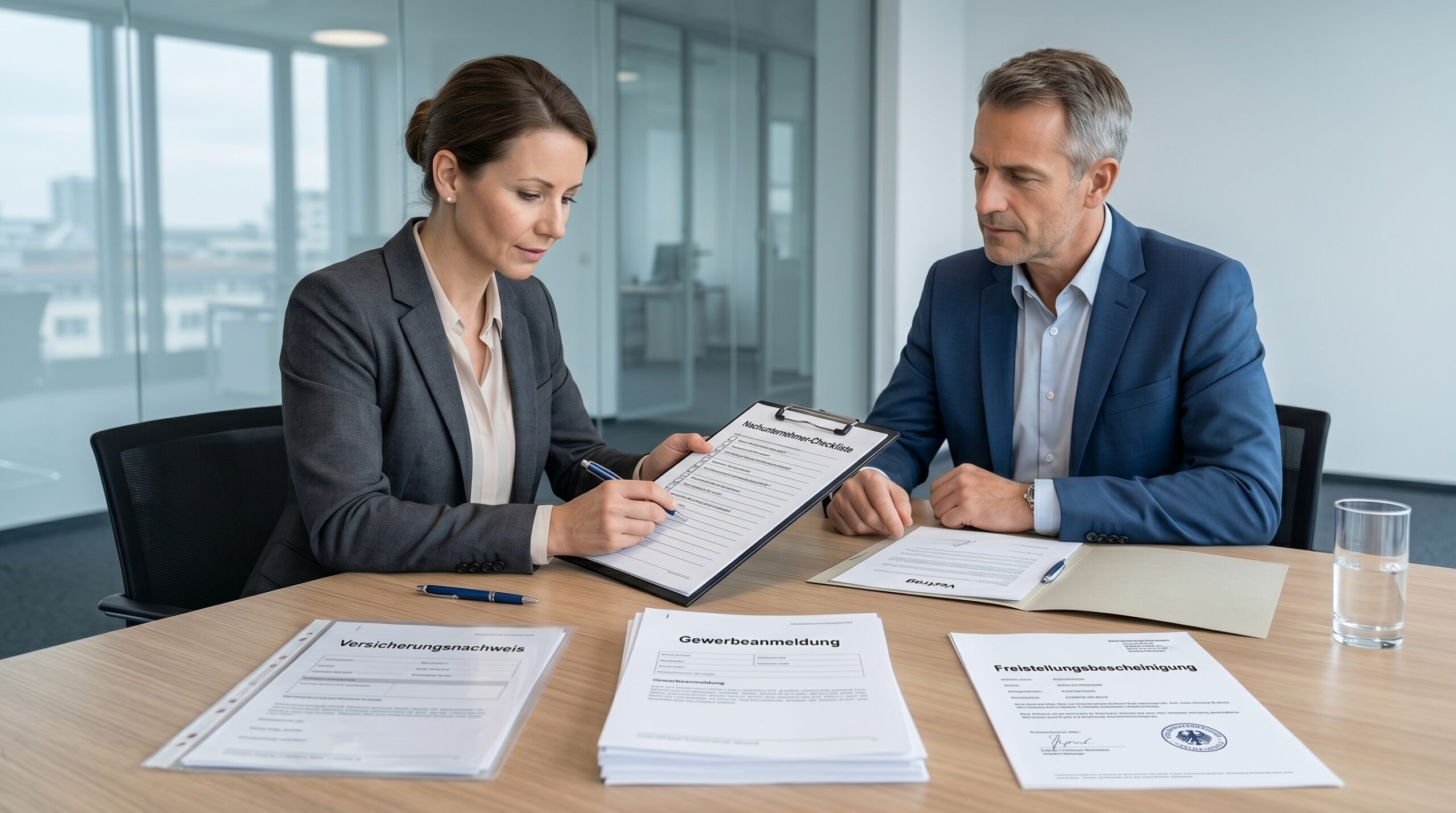 Subunternehmer Prüfung:Auftraggeber prüft gemeinsam mit einer zweiten Person die Unterlagen eines Subunternehmers, darunter Checkliste, Versicherungsnachweis und geschäftliche Nachweise.