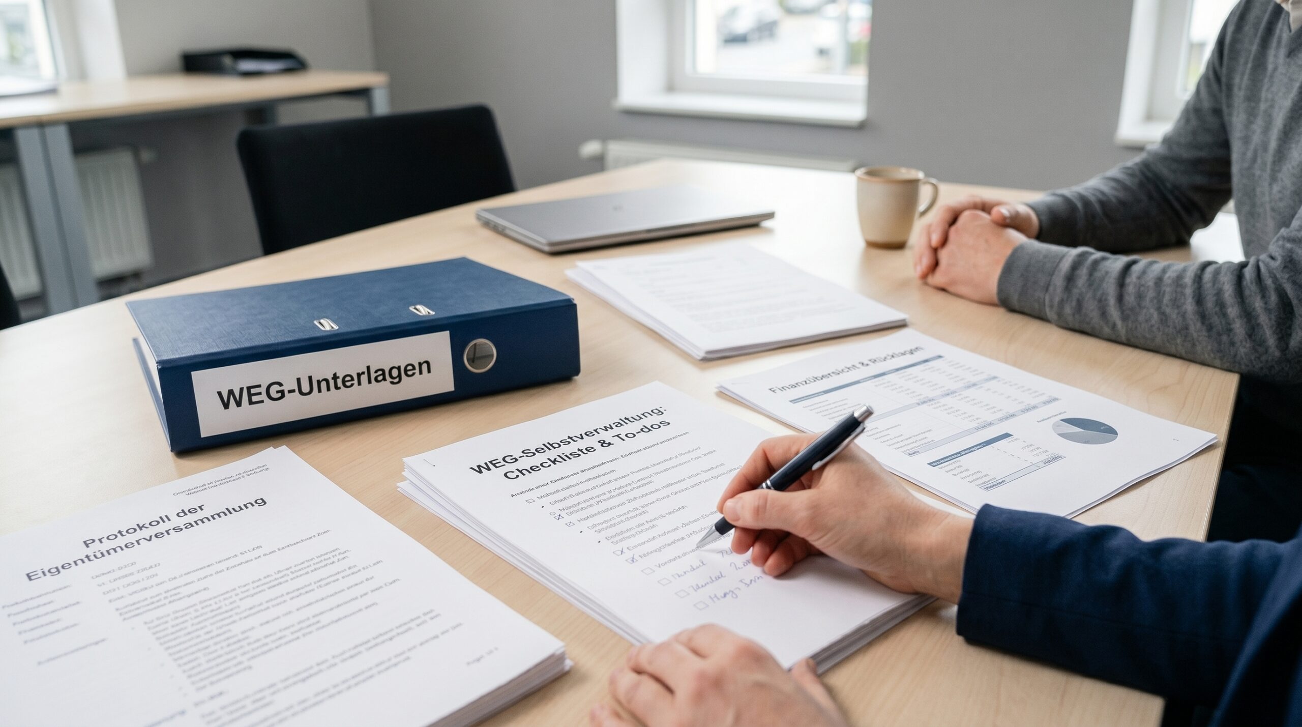 Eigentümer prüfen Unterlagen und Aufgaben für eine WEG ohne Hausverwaltung