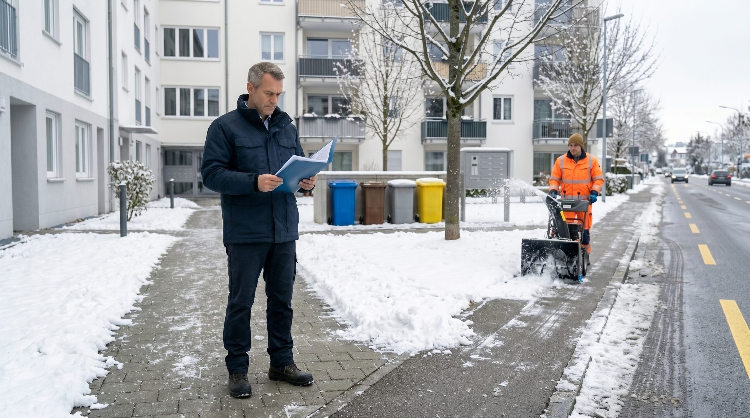Winterdienst München Hausverwaltung mit geräumtem Gehweg vor Wohnanlage