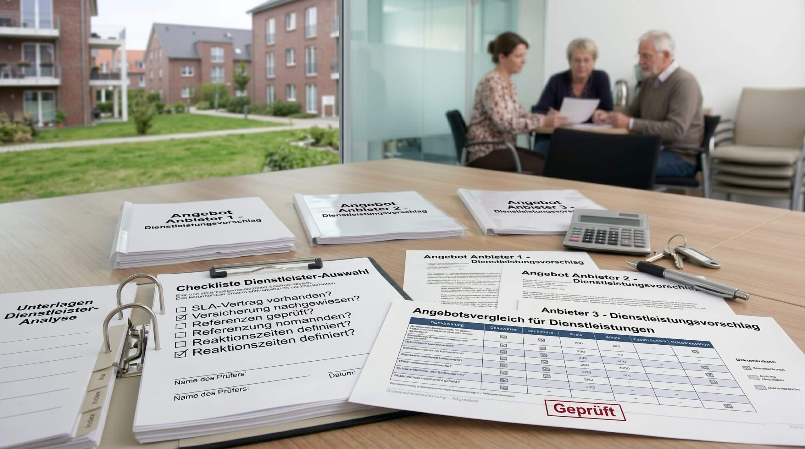 WEG-Angebote vergleichen mit Dienstleisterangeboten, Prüfliste, Vergleichstabelle und Dienstleisterakte auf einem Besprechungstisch