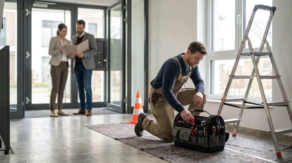 Betriebshaftpflicht Handwerker WEG prüfen:Handwerker bereitet Arbeiten im Mehrfamilienhaus vor, während Hausverwaltung und WEG-Beirat Nachweise prüfen