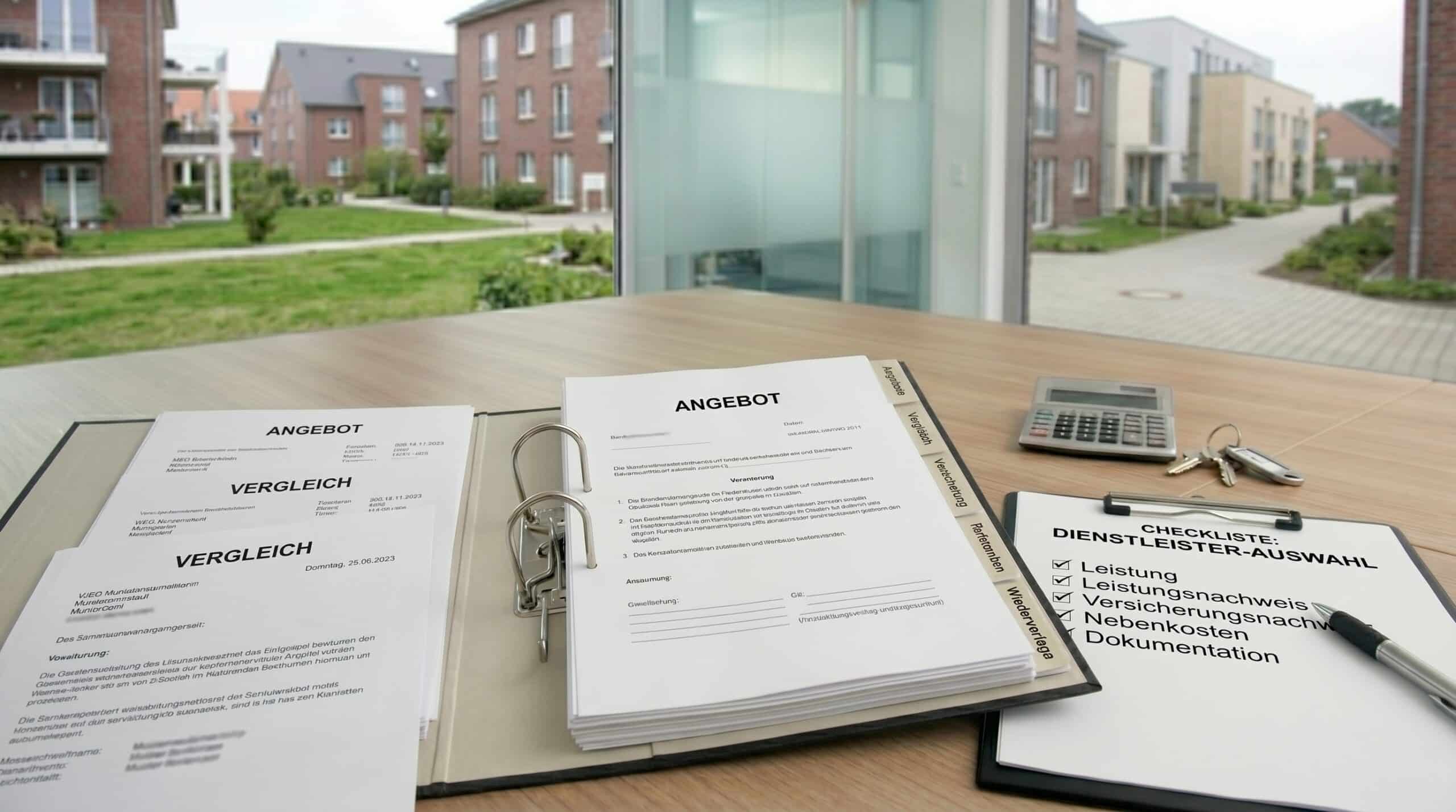 WEG-Beirat prüft Billigentscheidungen WEG. mit Preisvergleich, Nachweisen, Versicherung und Zusatzkosten auf einem Besprechungstisch