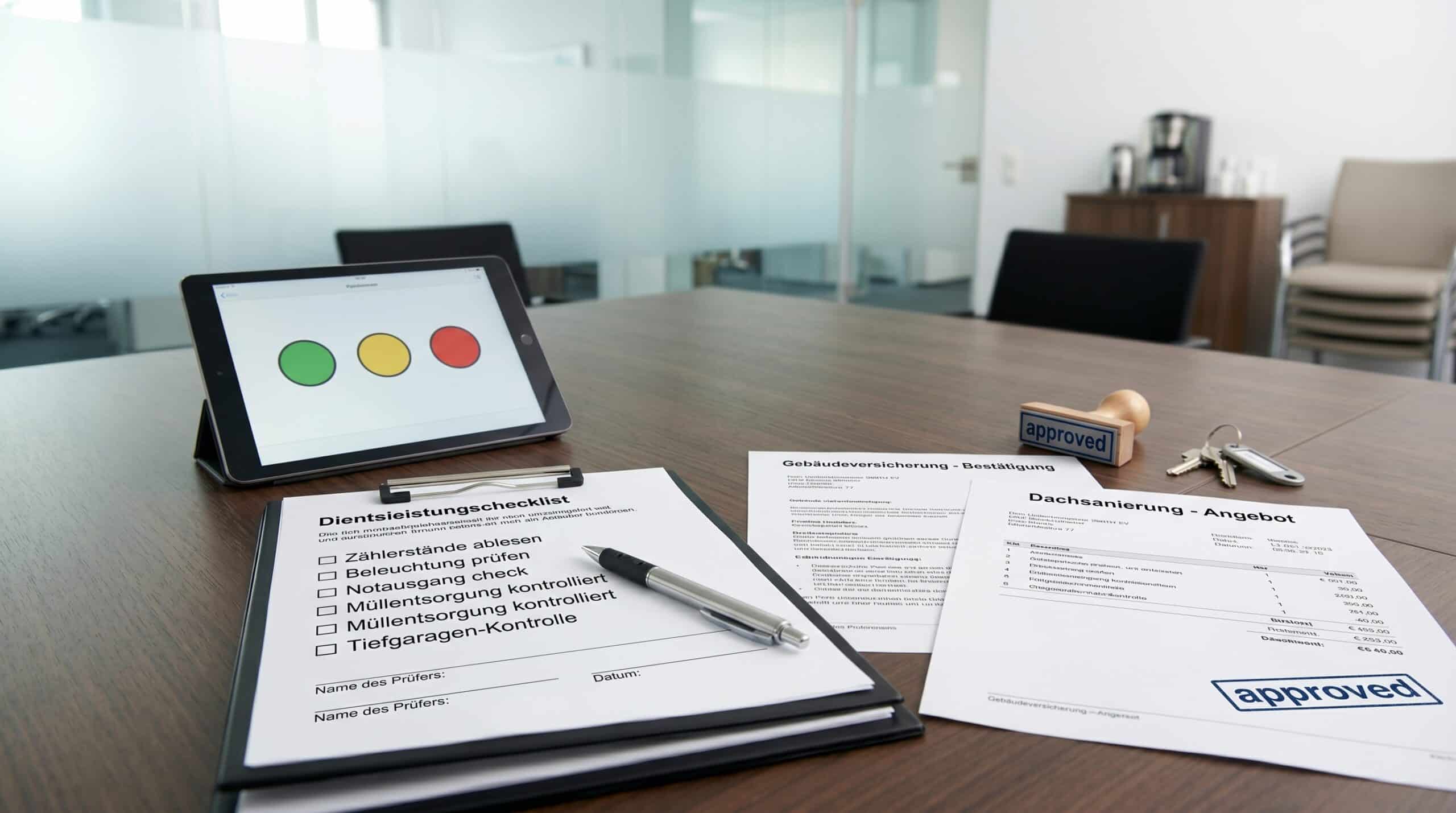 Dienstleister-Nachweise-Check mit Checkliste, Versicherungsnachweis, Schlüsselbund und Ampel-Auswertung auf einem Schreibtisch