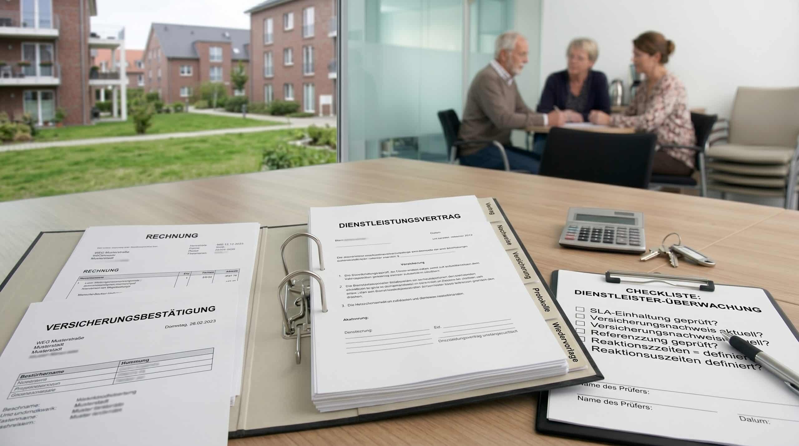 Dienstleisterakte für den WEG-Beirat mit Verträgen, Nachweisen, Versicherungsunterlagen und Prüfliste auf einem Besprechungstisch