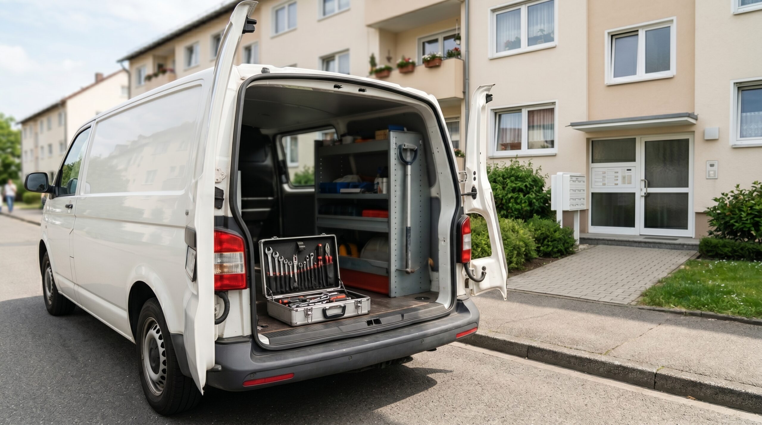 Vorbereiteter Dienstleister mit Werkzeug und Nachweisunterlagen vor einem Mehrfamilienhaus.Hausverwaltung Aufträge gewinnen mit sauberen Versicherungsnachweisen