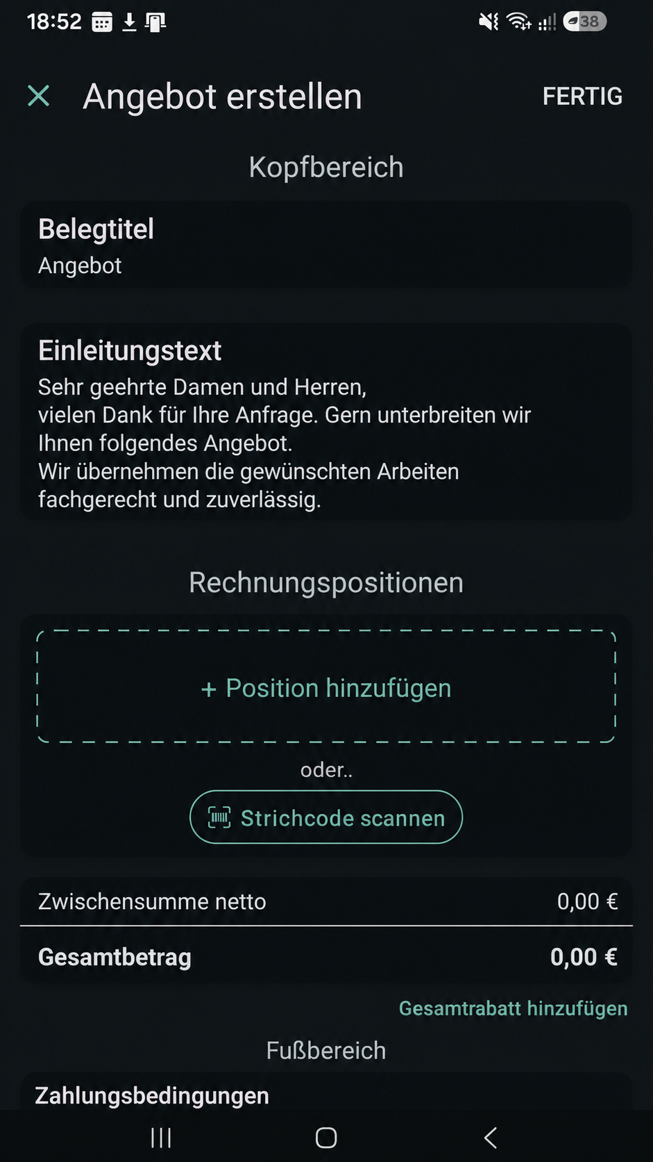 Anonymisierte Ansicht zum Erstellen eines Angebots in einer Buchhaltungssoftware