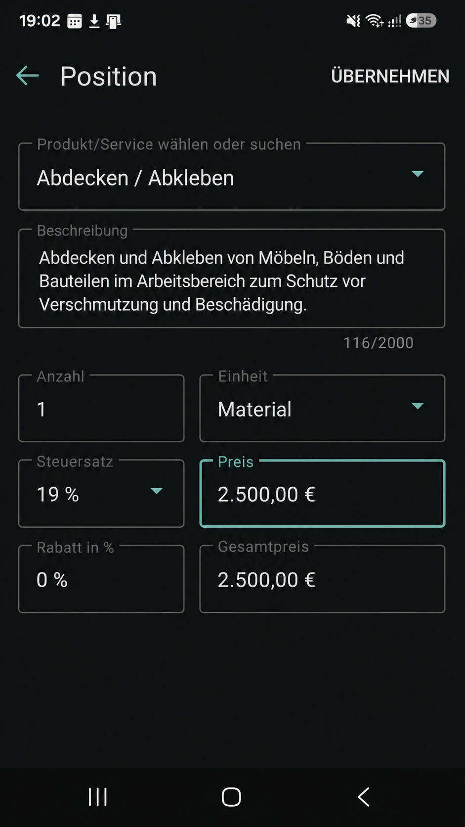 Anonymisierte Angebotsposition mit Einheit Steuersatz und Preis