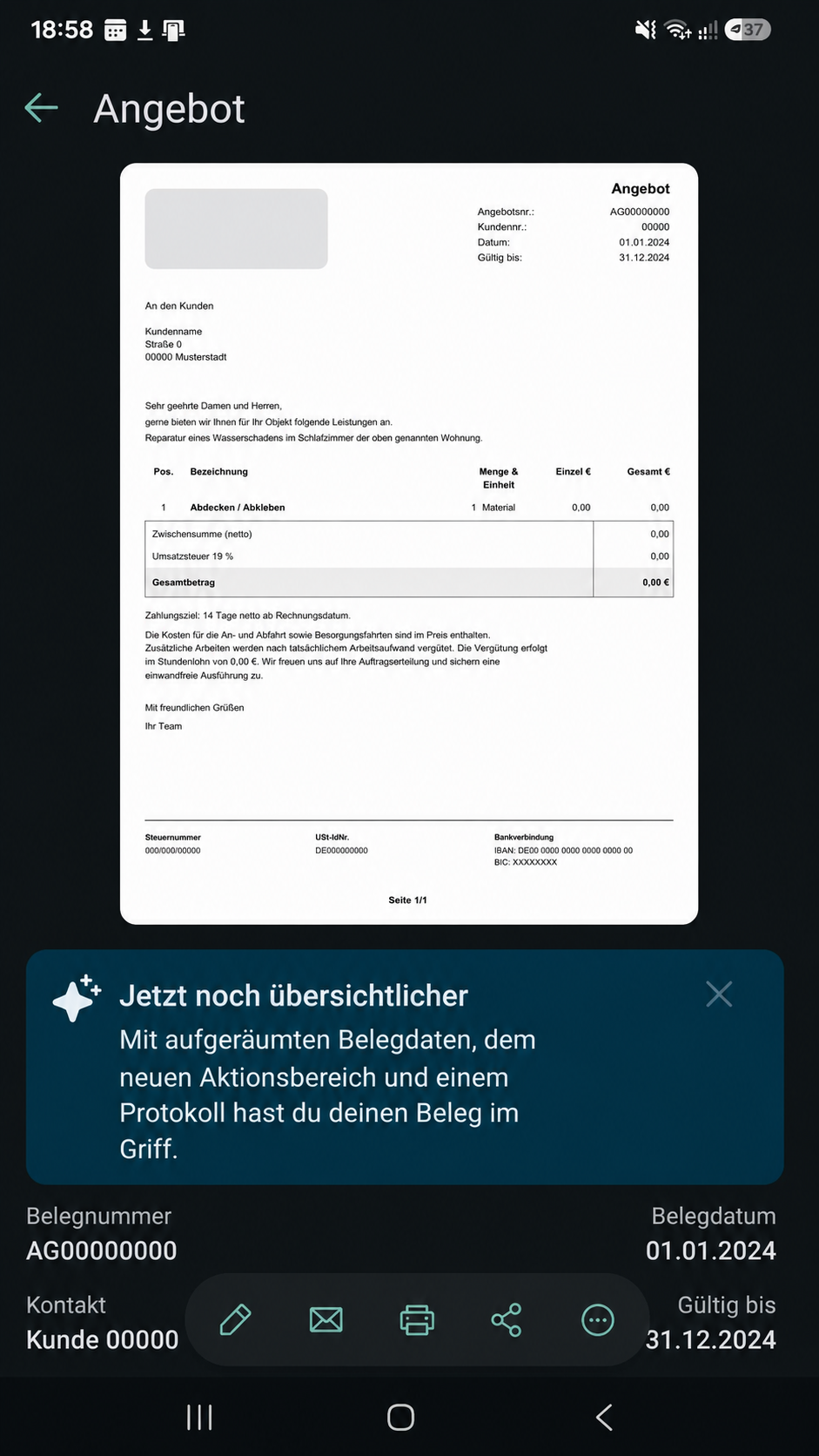 Anonymisierte Angebotsvorschau in einer Buchhaltungssoftware