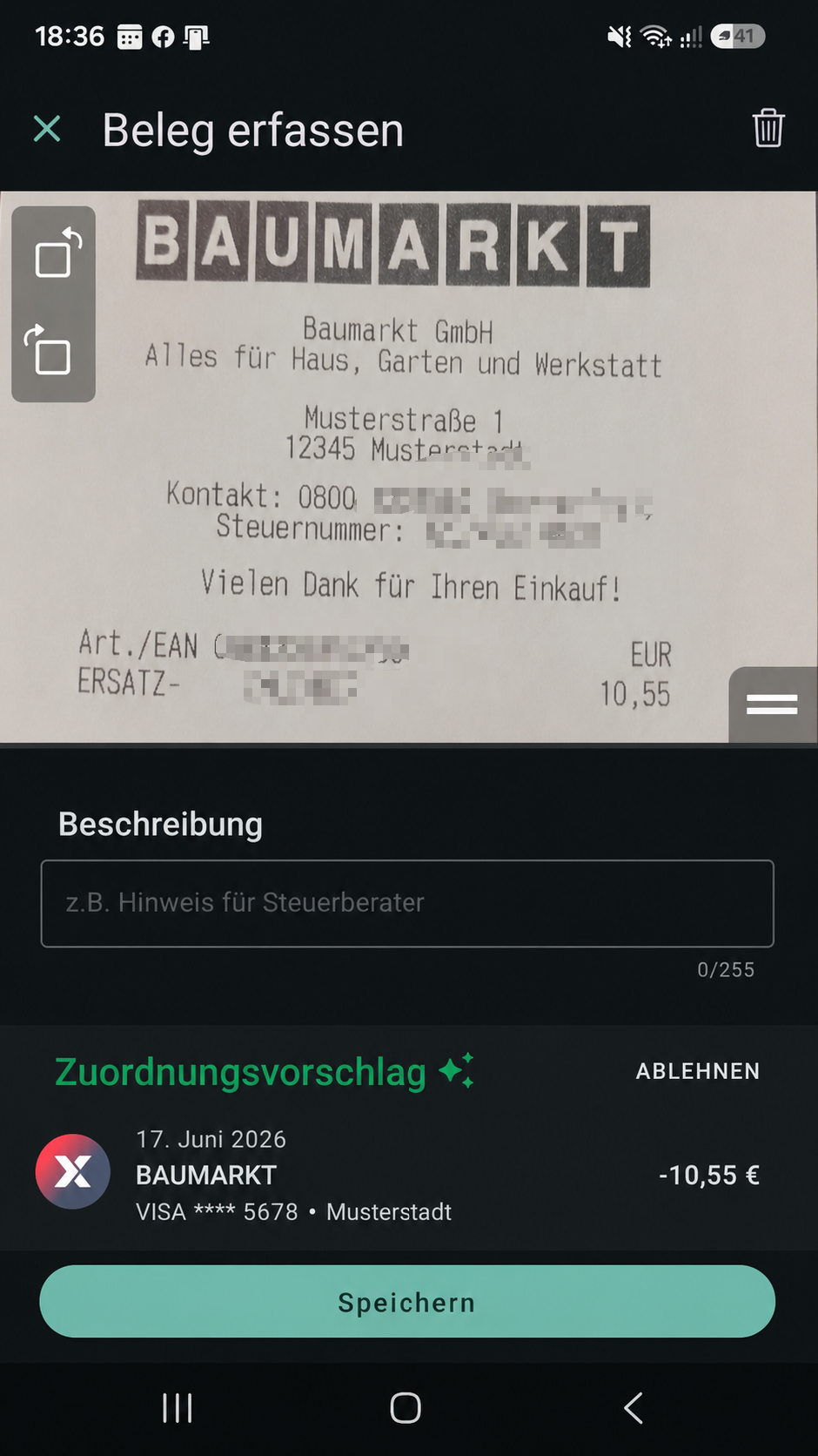 Anonymisierte Belegerfassung mit Zuordnungsvorschlag in einer Buchhaltungssoftware