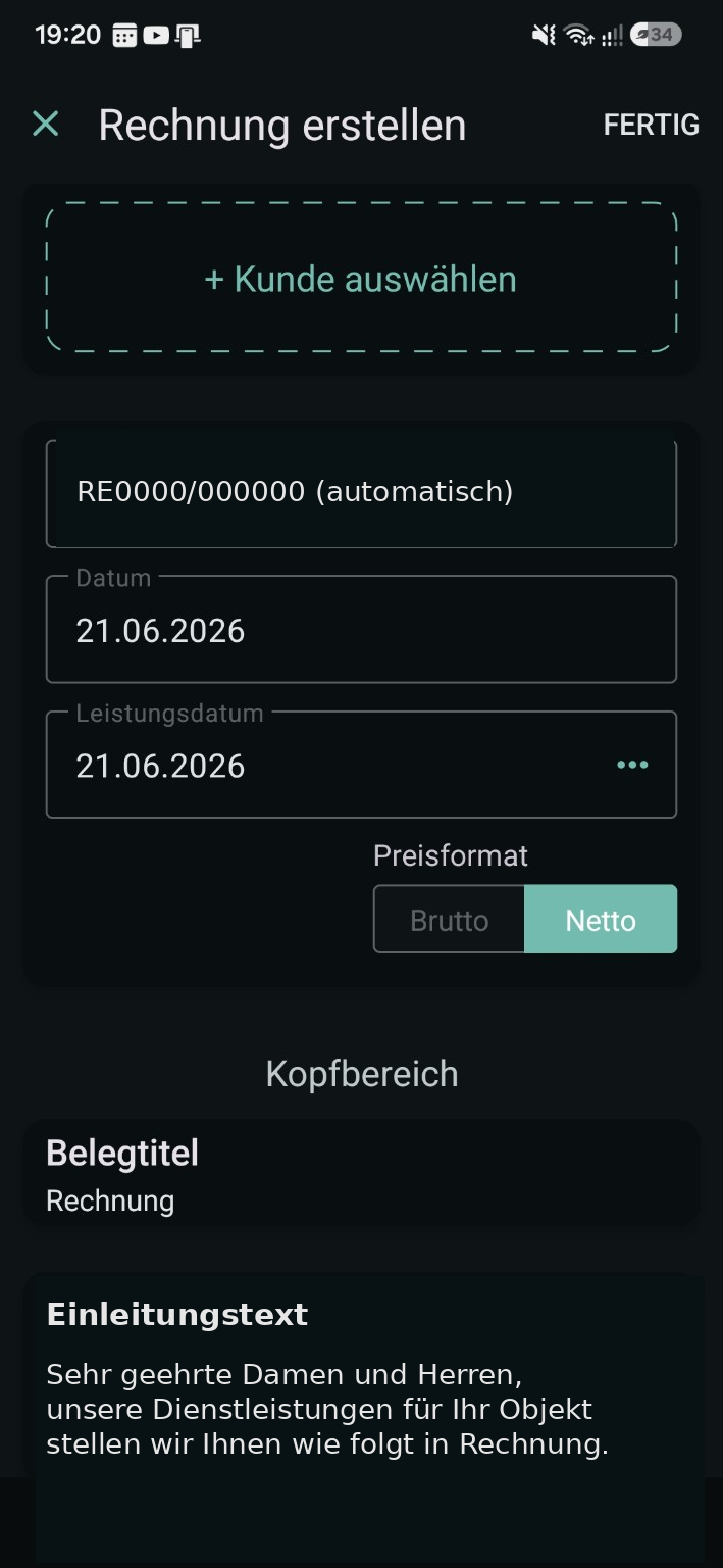 Anonymisierte Ansicht zum Erstellen einer Rechnung in einer Buchhaltungssoftware