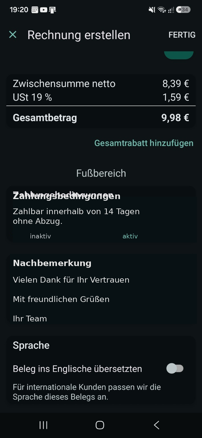 Anonymisierte Rechnungseinstellungen mit Zahlungsbedingungen und QR-Code-Hinweis