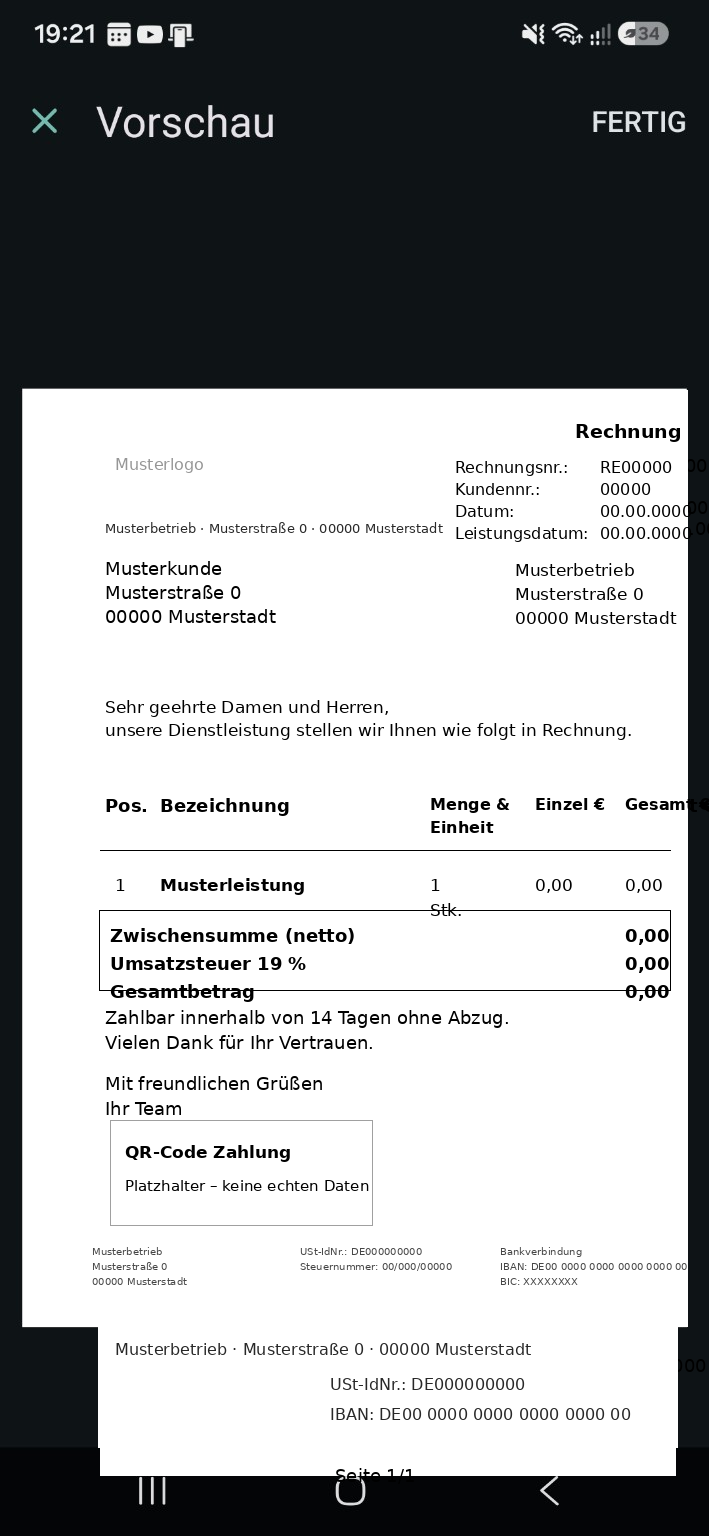 Anonymisierte Rechnungsvorschau mit Zahlungs-QR-Code in einer Buchhaltungssoftware