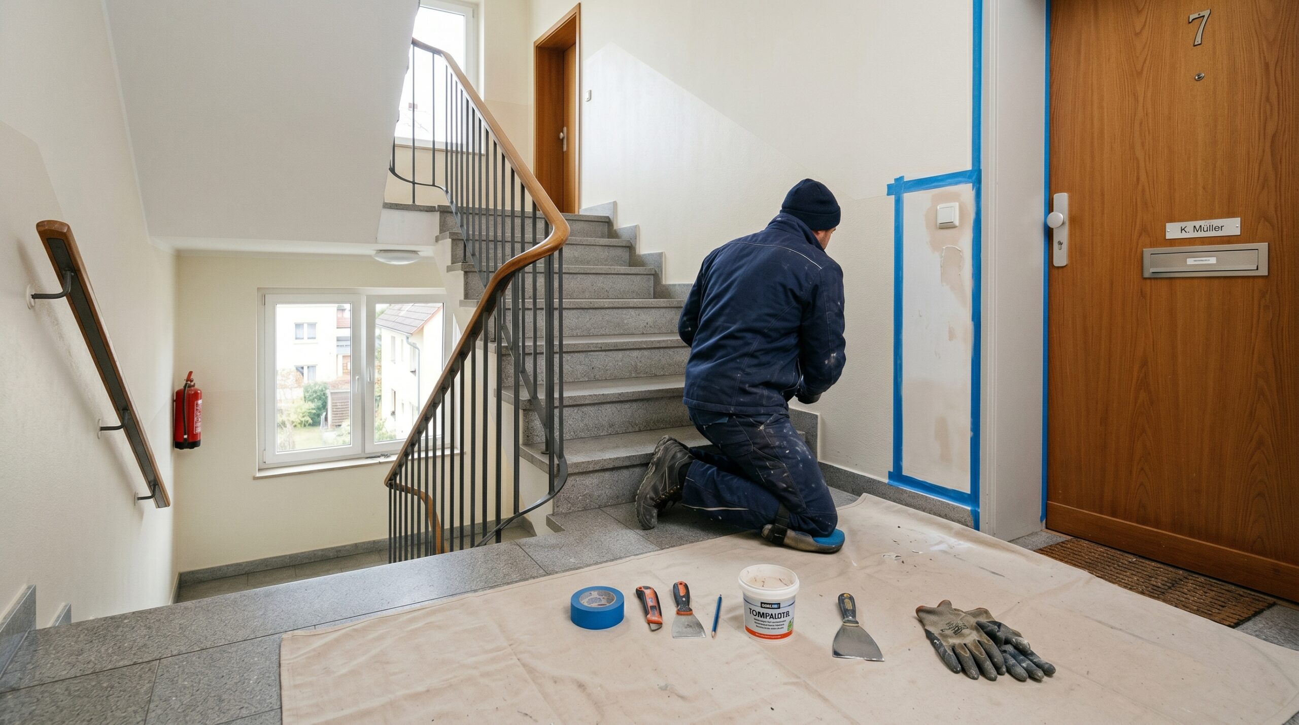 Handwerker arbeitet an empfindlicher Oberfläche in einer Wohnanlage, vorher sollte man die Tätigkeitsschäden in der Betriebshaftpflicht prüfen