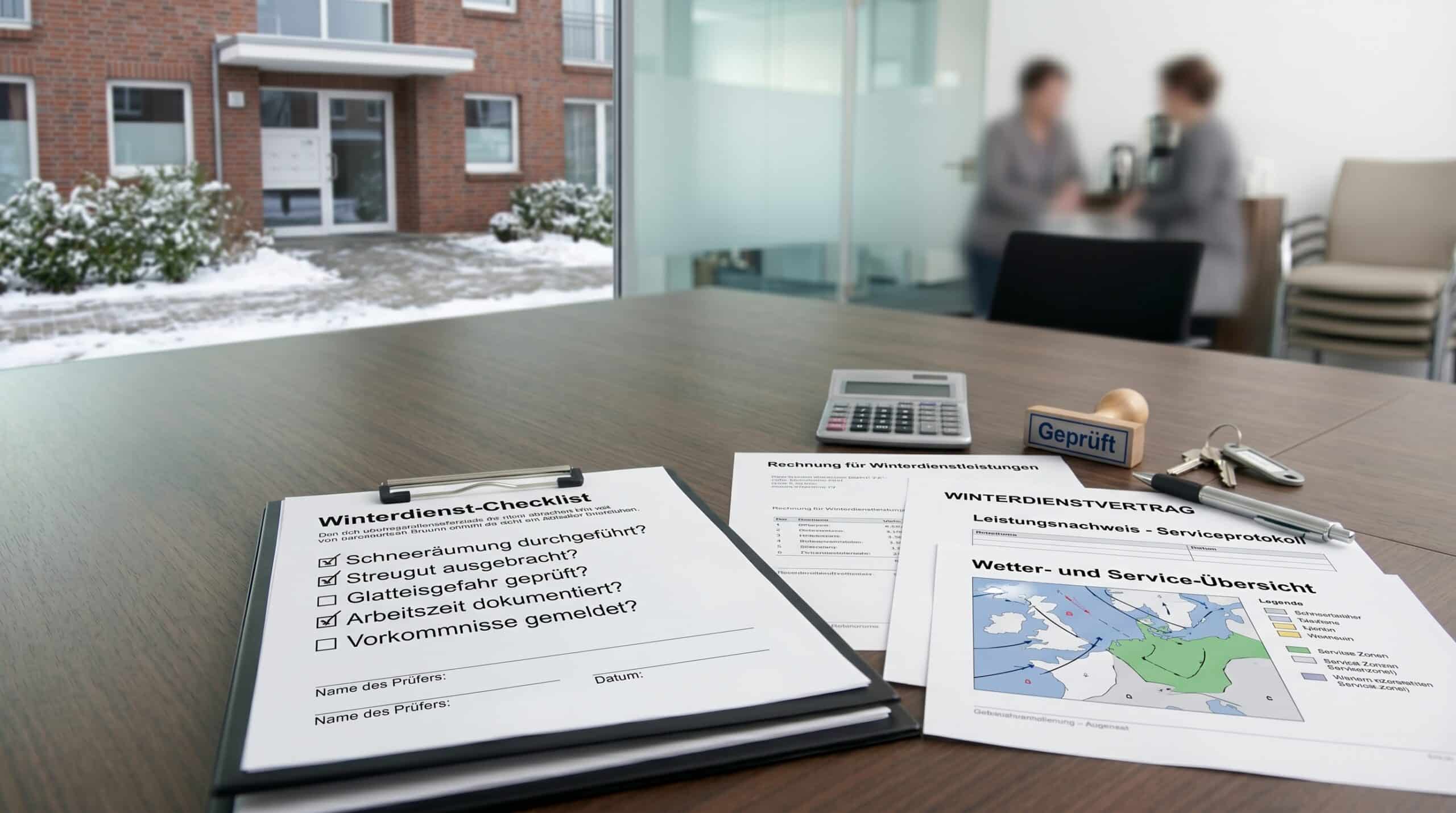 Winterdienstrechnung prüfen mit Vertrag, Einsatznachweis, Wetterübersicht und Prüfliste auf einem Besprechungstisch